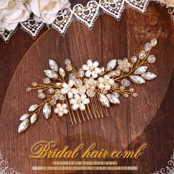 🆕Women Gold Bride Wedding Hair Comb Pearl Flower Hair Piece  Accessories - Picture 2 of 7